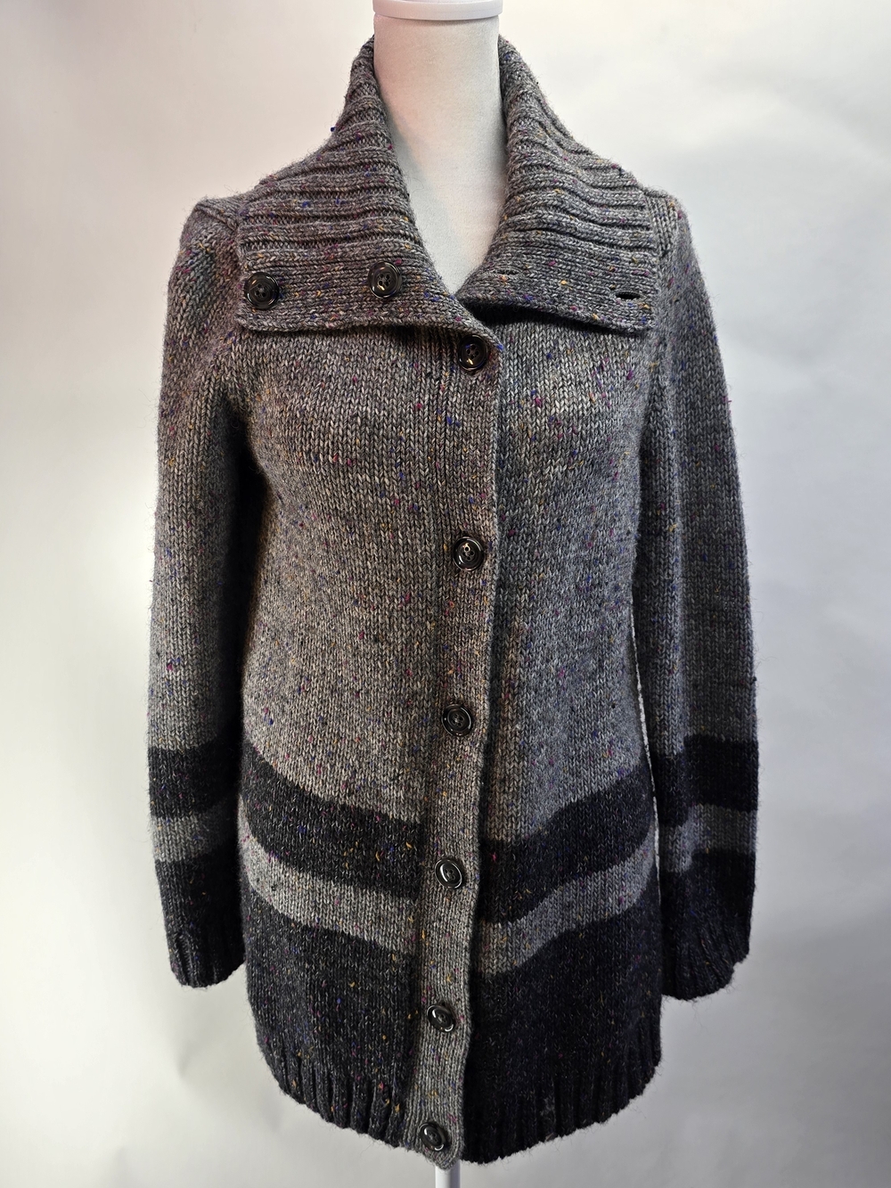 Talbots Gray Speckled Wool-Blend Button Cardigan with Dark Gray Stripes